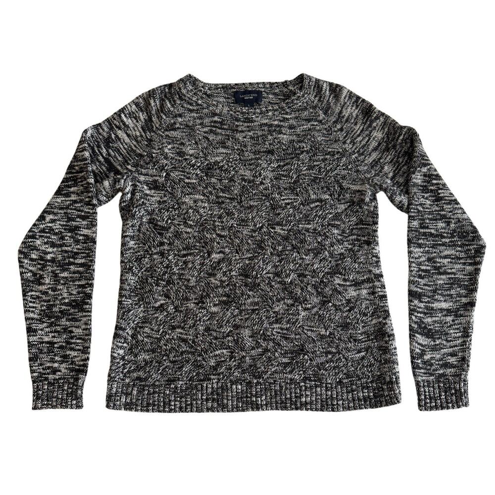 Lands End BLK GRY Marled Drifter Sweater Soft Cotton BasketWeave Knit Crewneck L
